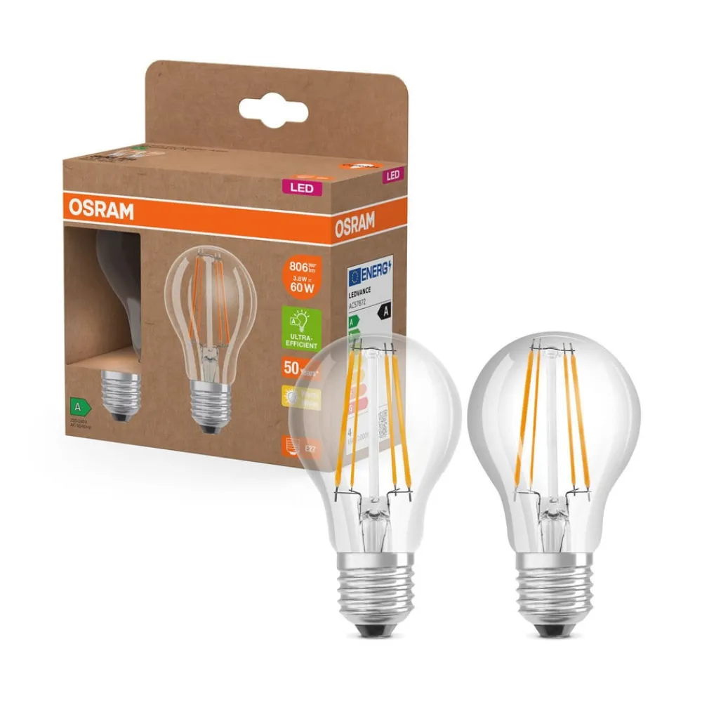 Filament Pære|Led Pærer ^ OSRAM LED glødepære E27 3,8W Filament 2,700K 806lm 2-pak