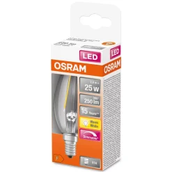 Dæmpbar Led-Pære|Filament Pære ^ OSRAM LED kertepære E14 2,8W 827 dæmpbar klar