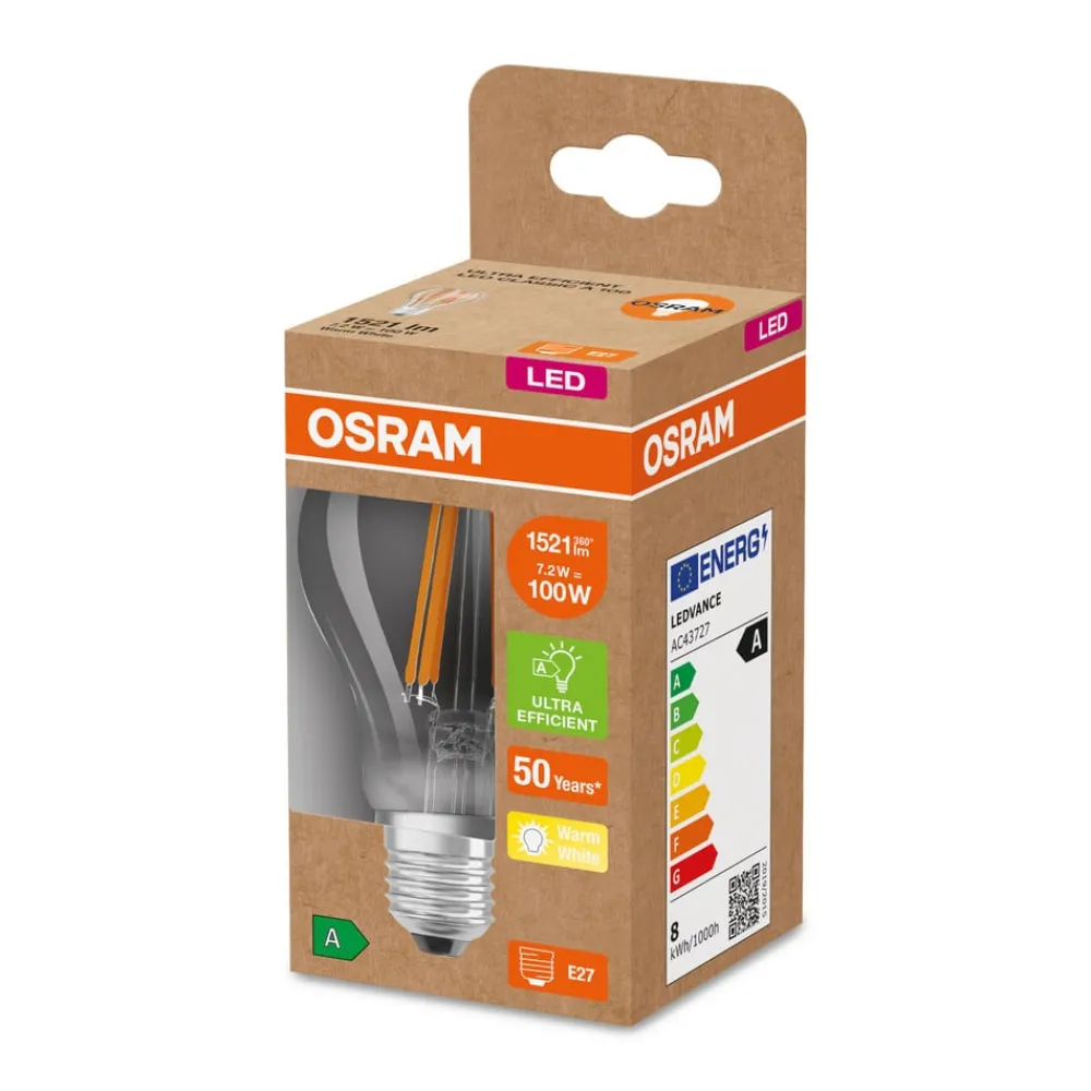 Filament Pære|Led Pærer ^ OSRAM LED-pære E27 A60 7,2 W 1.521lm 3.000 K klar