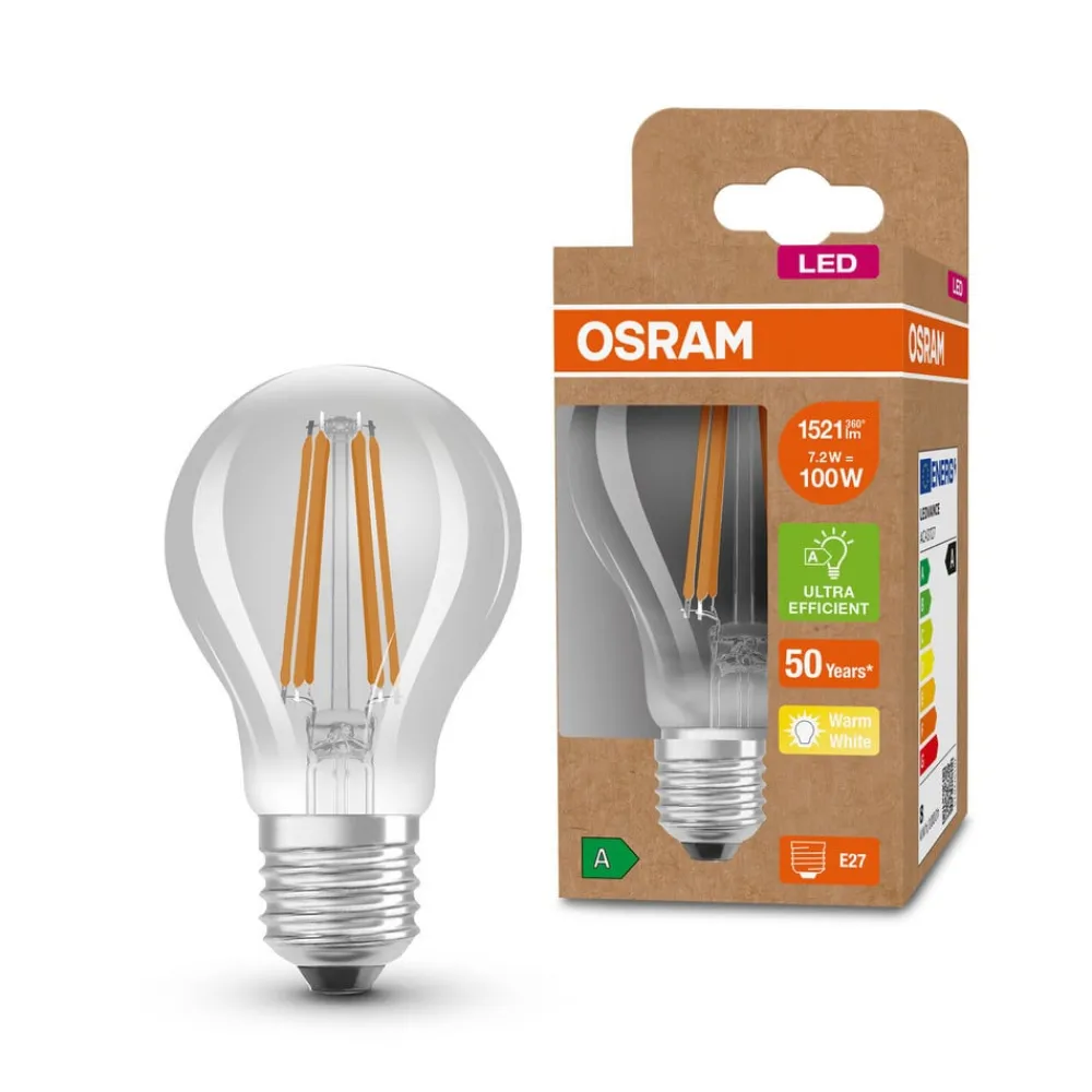 Filament Pære|Led Pærer ^ OSRAM LED-pære E27 A60 7,2 W 1.521lm 3.000 K klar