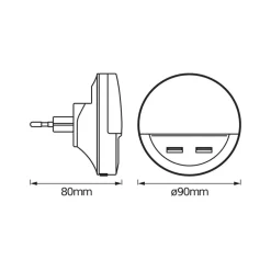 Natlys ^ OSRAM LED-stikkontaktnattelys LUNETTA USB, hvid, Ø 9 cm