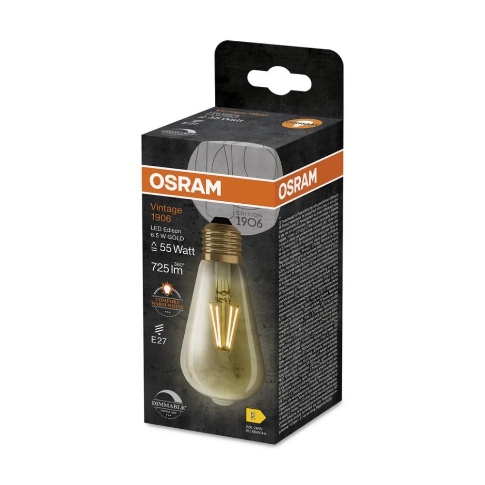 OSRAM Dæmpbar Led-Pære|Filament Pære > LED Vintage 1906 Edison, guld, E27, 6,5 W, 824, dim.