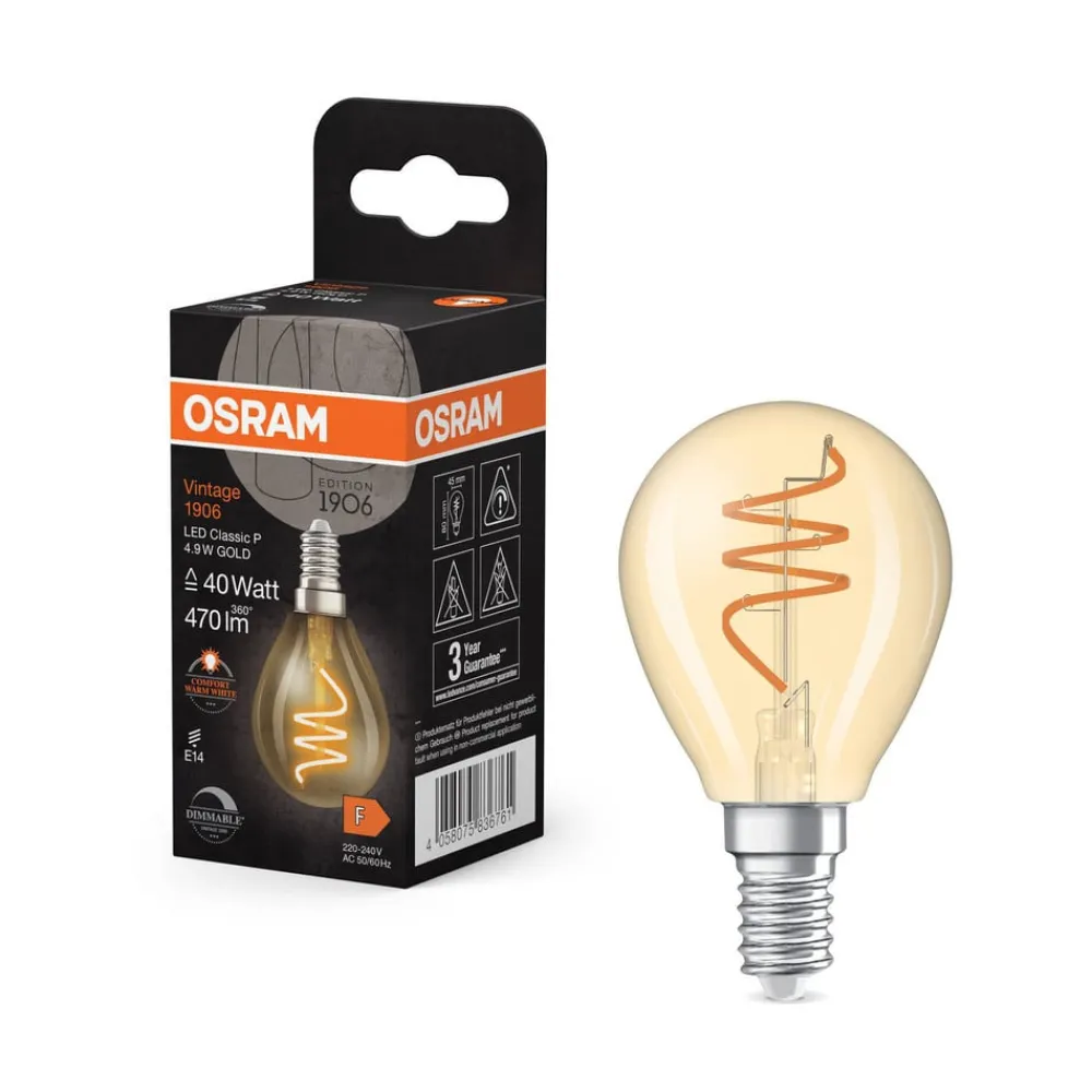 Filament Pære ^ OSRAM LED Vintage P40 E14 4,9W 922 Spiral Filament gold dæmpbar