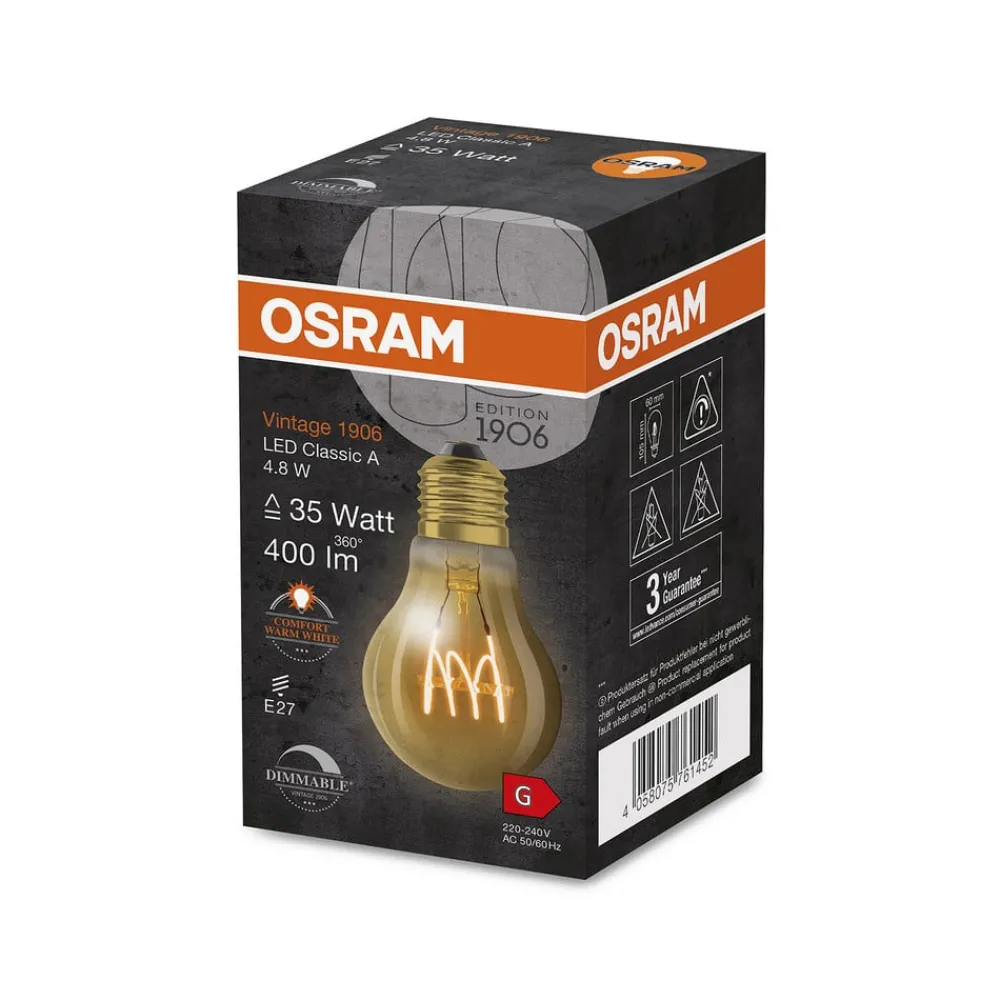 OSRAM Dæmpbar Led-Pære|Filament Pære > Vintage 1906 E27 4,8W LED A60 822 guld dæmpbar