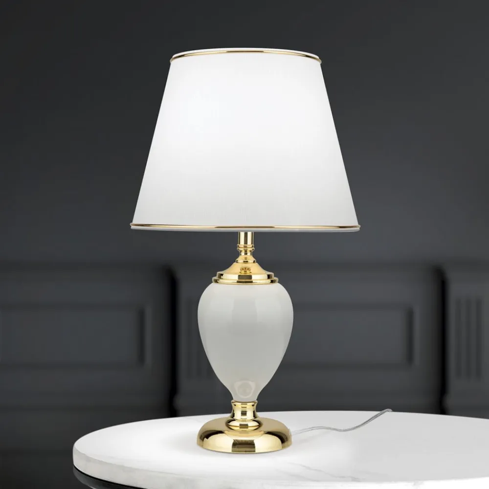 ORION Bordlamper > Ovum bordlampe, hvid/guldfarvet, højde 48 cm, keramik/chintz