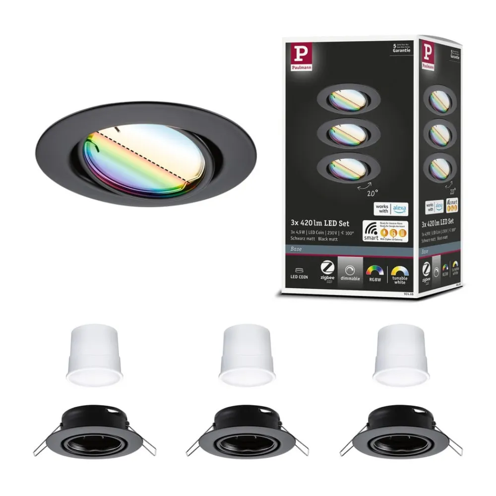 Paulmann Loftlamper|Indbygningsspots > Coin Base LED indbygningsspot sort 3 RGBW ZigBee