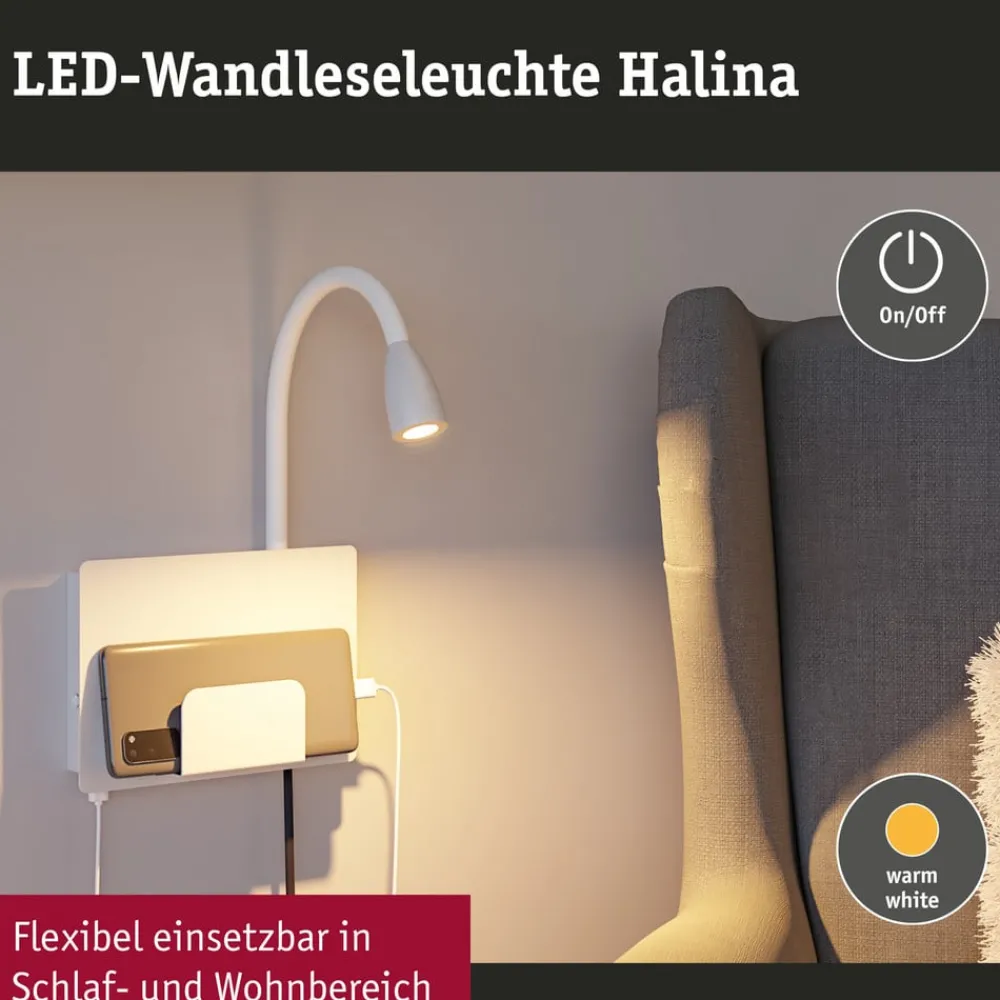 Væglamper|Væglamper ^ Paulmann Halina USB LED-væglampe, fleksibel arm hvid