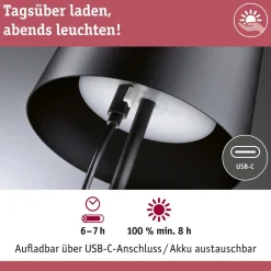 Dekorationsbelysning|Terrassebelysning ^ Paulmann LED-bordlampe Gilo, sort, plast, IP44