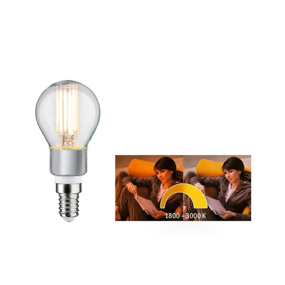 Dæmpbar Led-Pære|Filament Pære ^ Paulmann LED-dråbepære E14 5W, dim to warm