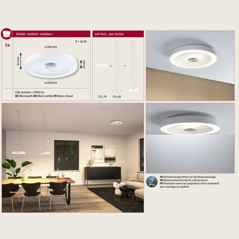 Loftlamper ^ Paulmann LED-loftlampe Volea, hvid/sølv Ø 40 cm IP44 dæmpbar