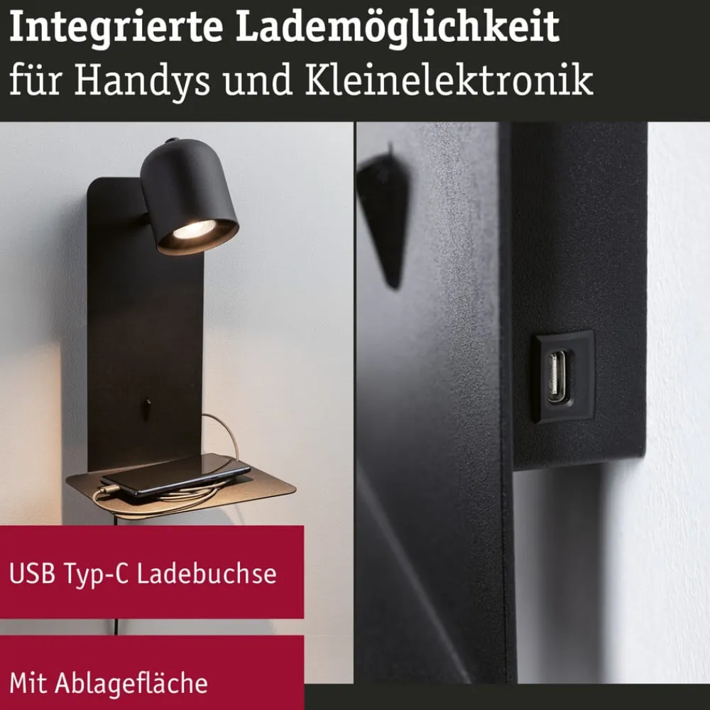 Paulmann Væglamper > Malena USB vægspot med hylde, sort