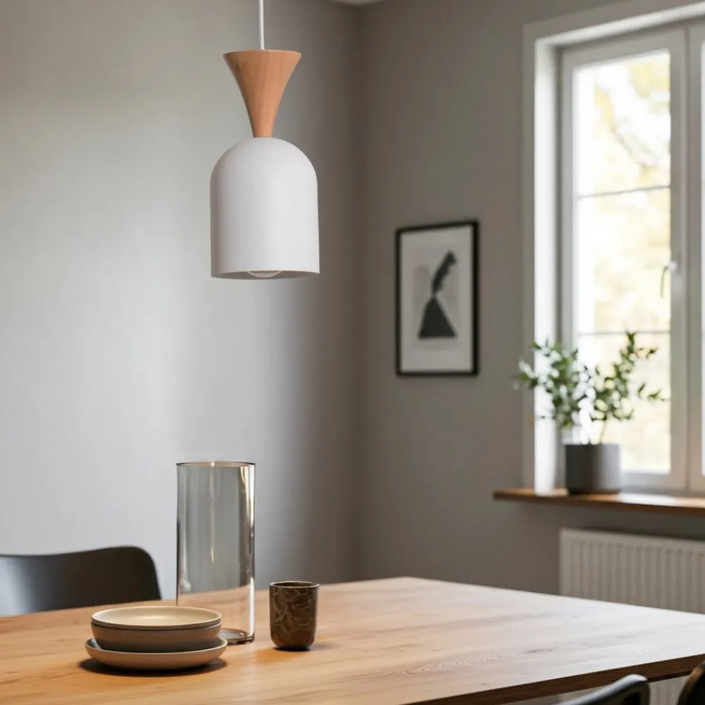 Lamkur Pendellamper > Pendellampe Nolan, Ø 11 cm, hvid/eg, metal/træ