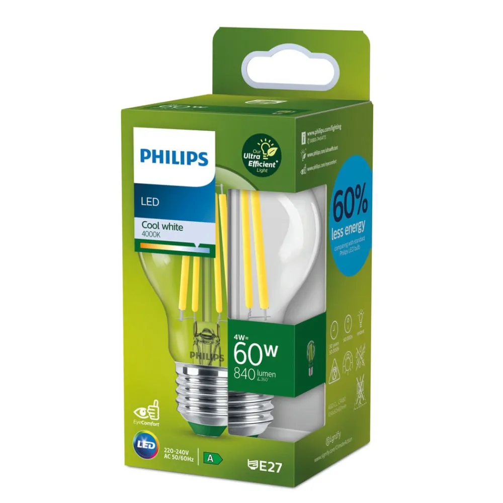 Philips Filament Pære|Led Pærer > E27 LED-pære A60 4 W 840lm 4.000 K klar
