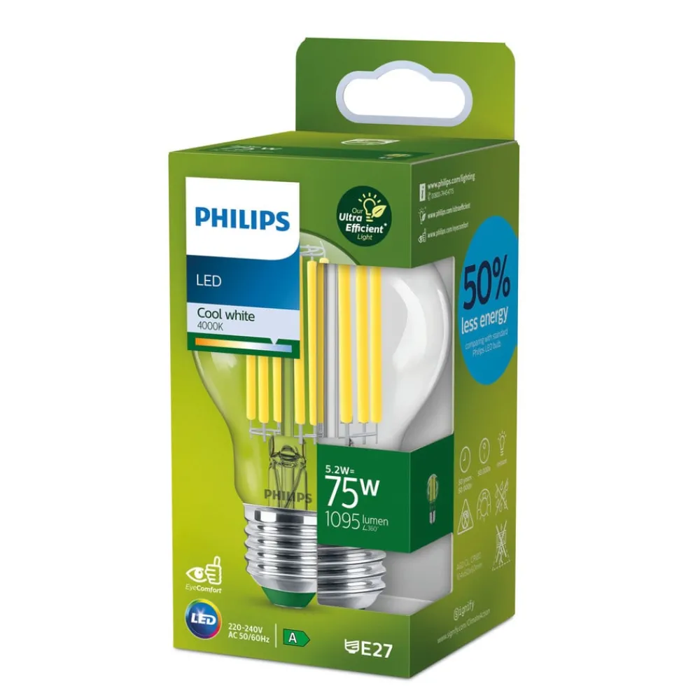 Filament Pære ^ Philips E27 LED-pære A60 5,2 W 1095lm 4.000 K klar