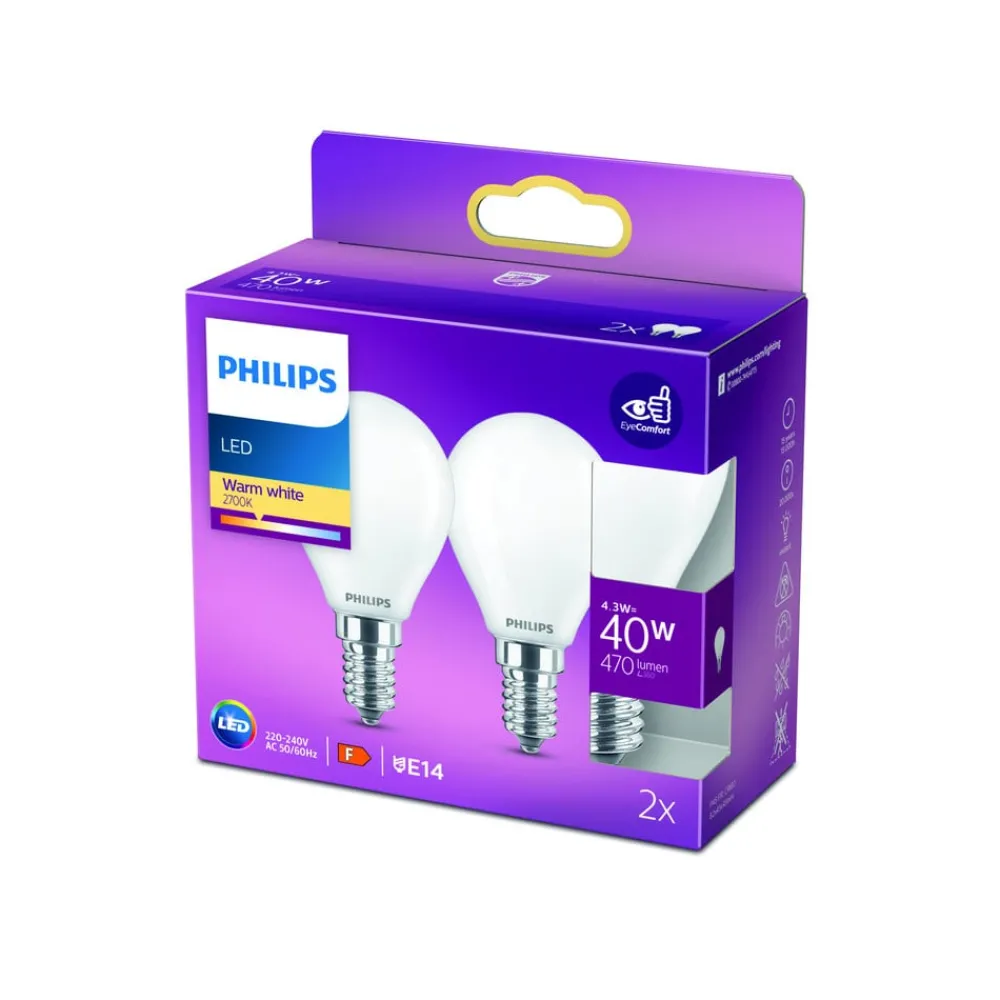 Philips Led Pærer > LED-dråbepære E14 4,3 W 2.700 K opal 2 stk