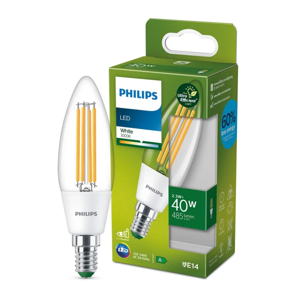 Philips Filament Pære > LED-kertepære E14 2,3W 485lm klar 3.000K