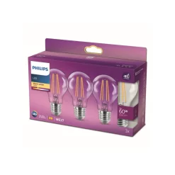 Philips Filament Pære|Led Pærer > LED-pære Classic E27 A60 7W 827 klar 3stk.