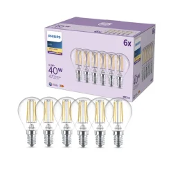 Philips Led Pærer > LED-pære E14 P45 4,3W 470lm 2700K filament 6-pak