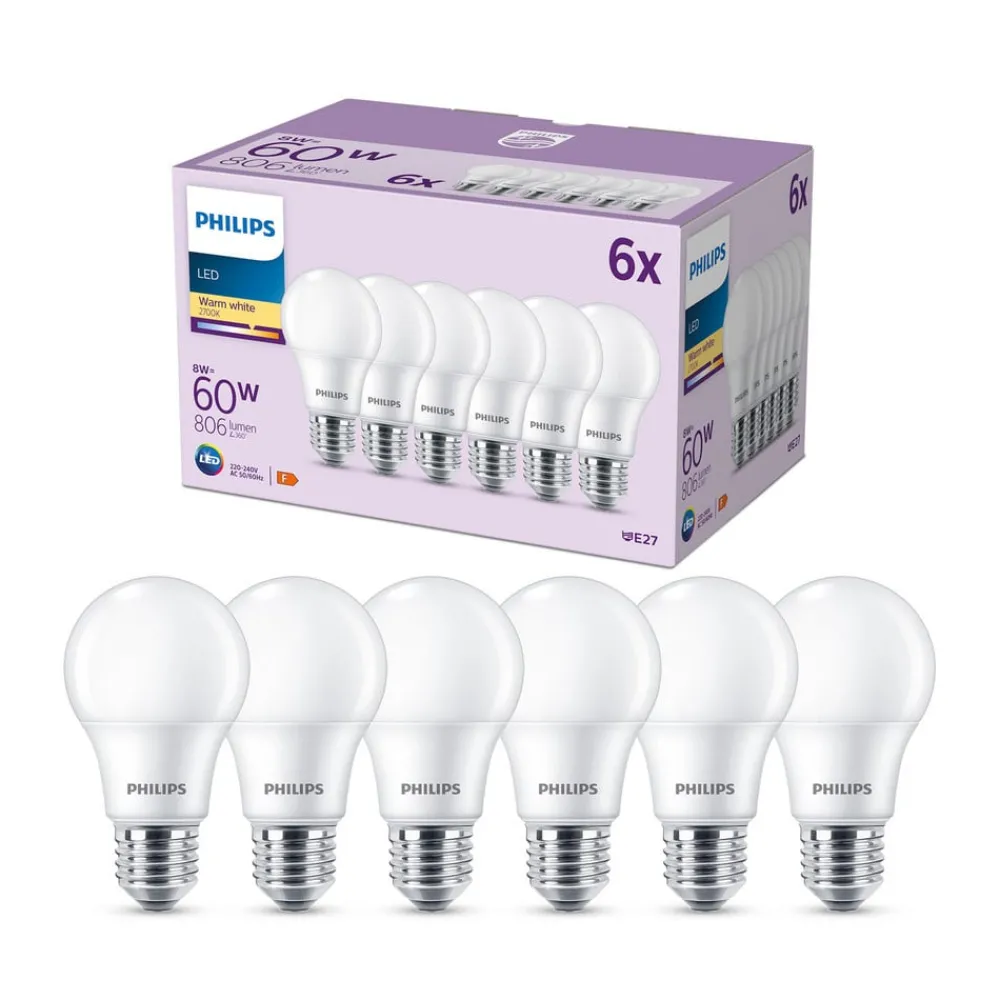 Led Pærer ^ Philips LED-pære E27 8 W 806lm 2.700 K mat 6 stk