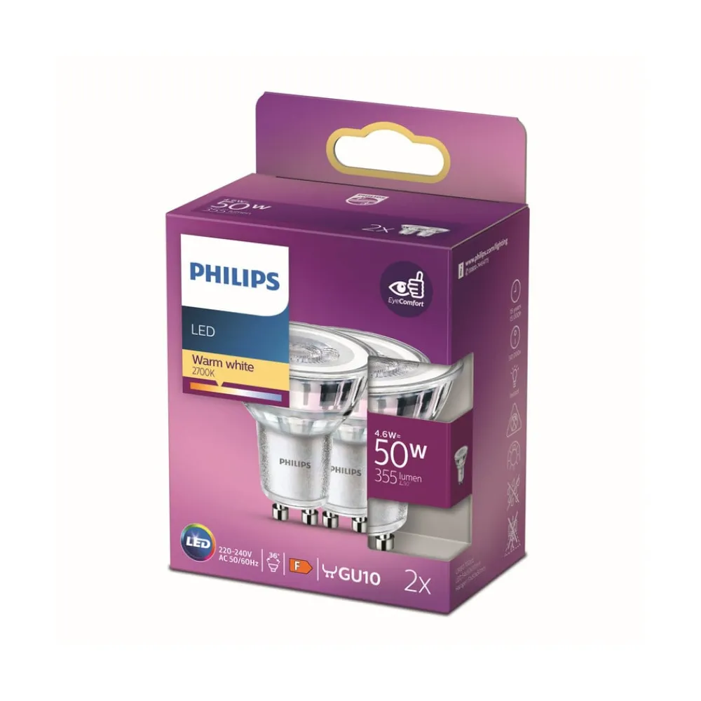 Philips Led Pærer > LED-reflektor GU10 4,6 W 2.700 K 36° 2 stk