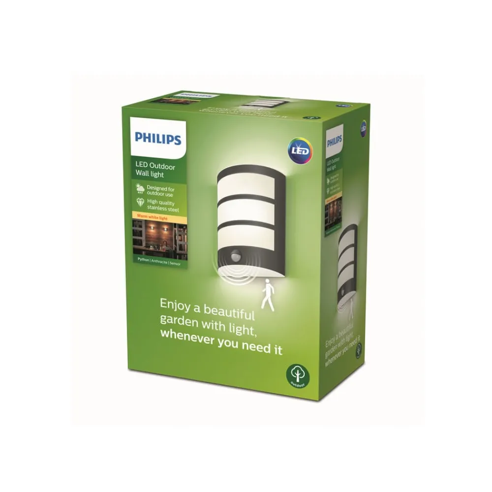 Væglampe Med Sensor ^ Philips Python udendørslampe antracit 2.700K sensor