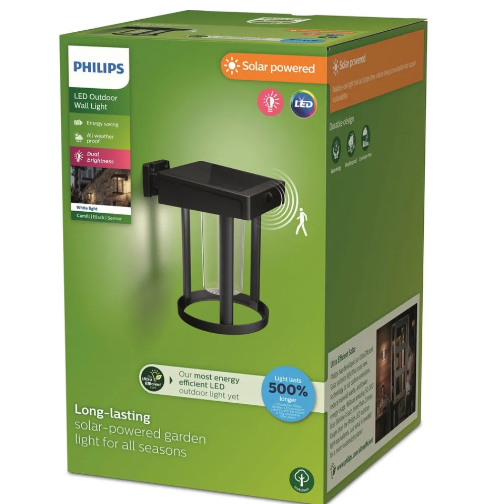 Solcelle Lampe Med Sensor|Væglampe Med Sensor ^ Philips solcelle-væglampe Camill, sort/klar, Ø 14 cm