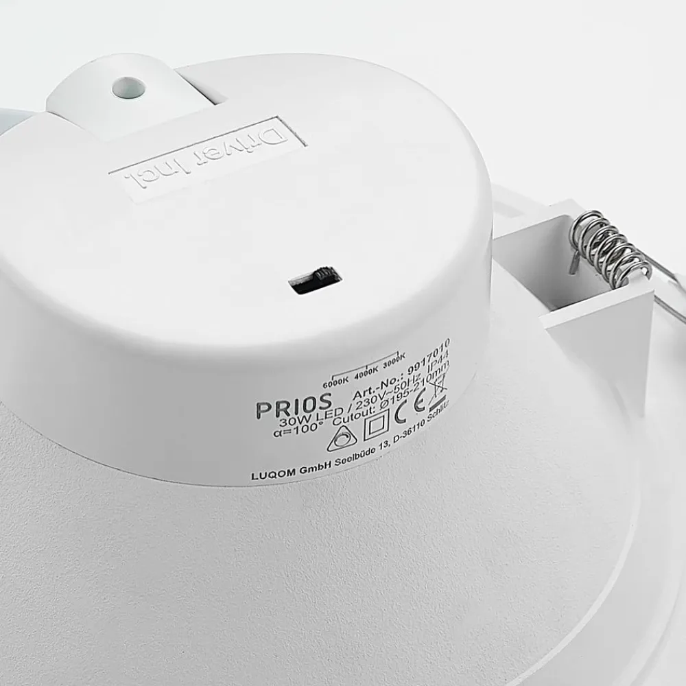 Loftlamper|Indbygningsspots ^ PRIOS LED-indbygningsspot Rida, hvid. Ø 23 cm, 30W, CCT, IP44