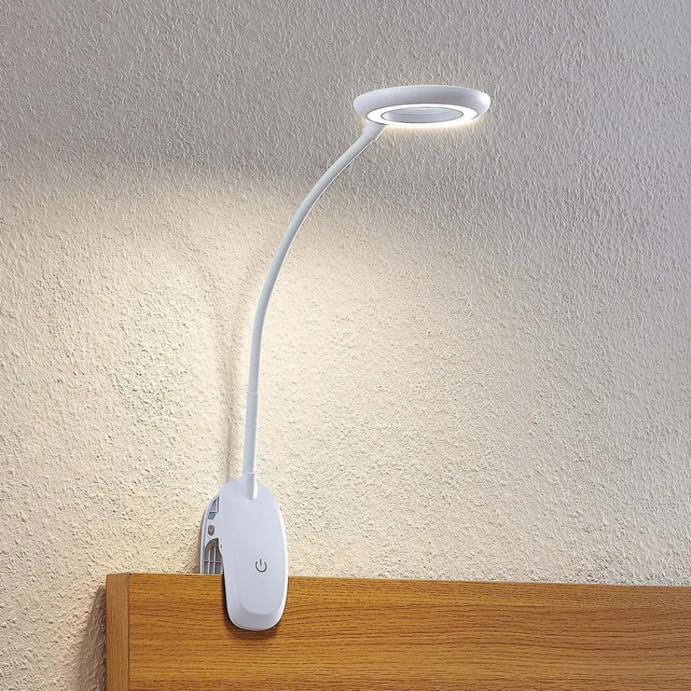 PRIOS Arbejdsrum/Kontor|Bordlamper > LED-klemmelampe Harumi, hvid, genopladeligt batteri, USB, 51 cm høj