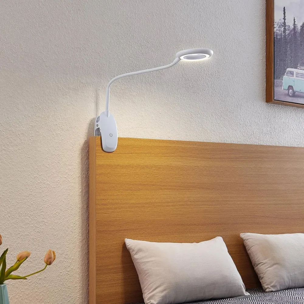 PRIOS Arbejdsrum/Kontor|Bordlamper > LED-klemmelampe Harumi, hvid, genopladeligt batteri, USB, 51 cm høj