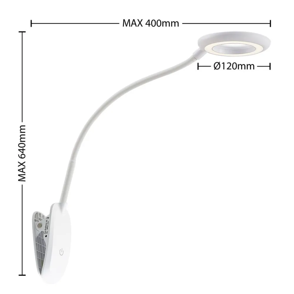 PRIOS Arbejdsrum/Kontor|Bordlamper > LED-klemmelampe Harumi, hvid, genopladeligt batteri, USB, 51 cm høj