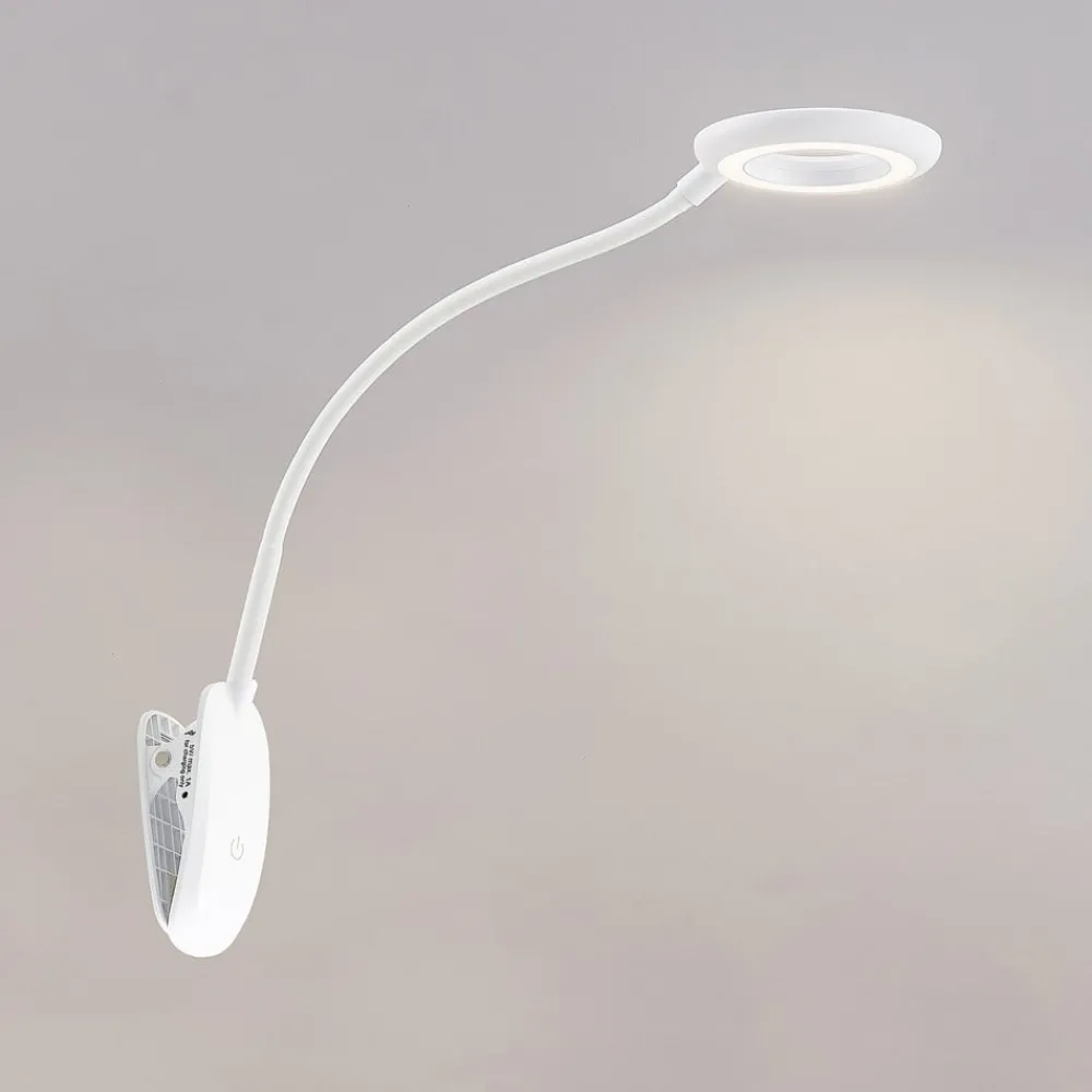 PRIOS Arbejdsrum/Kontor|Bordlamper > LED-klemmelampe Harumi, hvid, genopladeligt batteri, USB, 51 cm høj