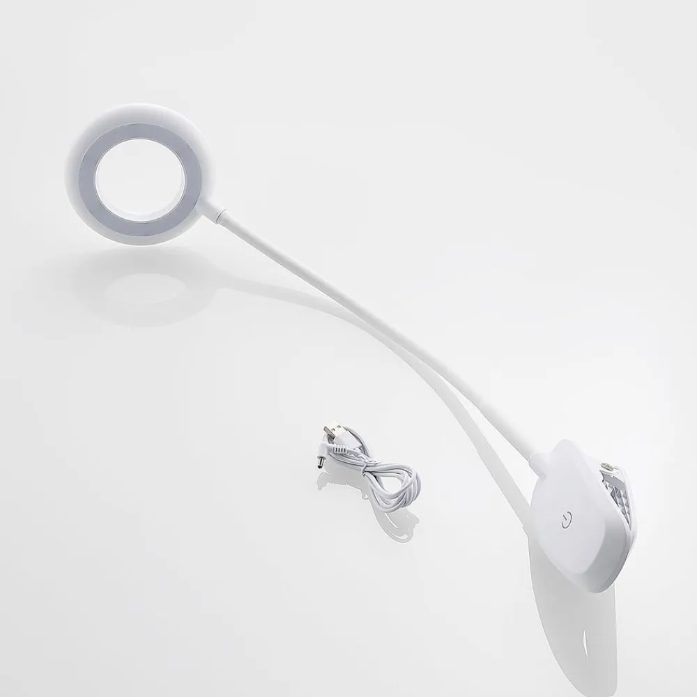 PRIOS Arbejdsrum/Kontor|Bordlamper > LED-klemmelampe Harumi, hvid, genopladeligt batteri, USB, 51 cm høj