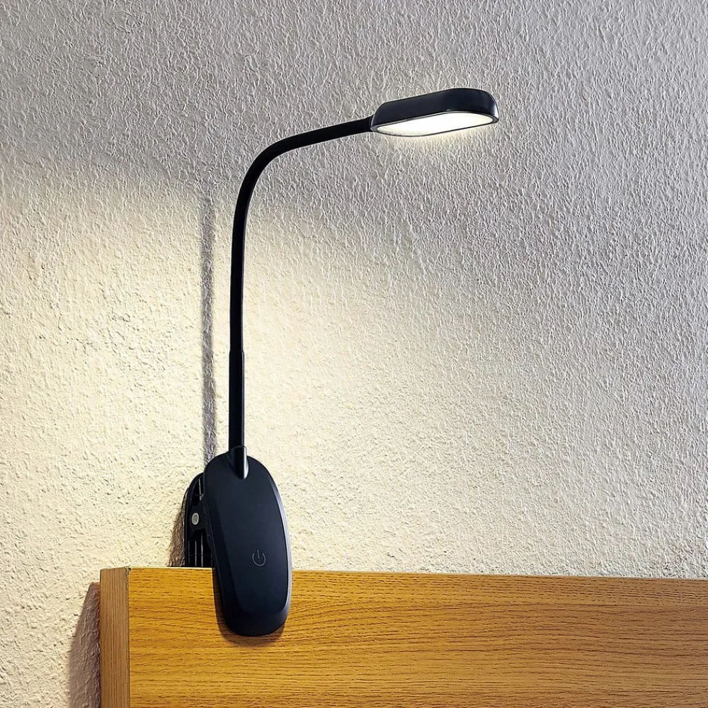 Arbejdsrum/Kontor|Bordlamper ^ PRIOS LED-klemmelampe Najari, sort, genopladeligt batteri, USB, 51 cm
