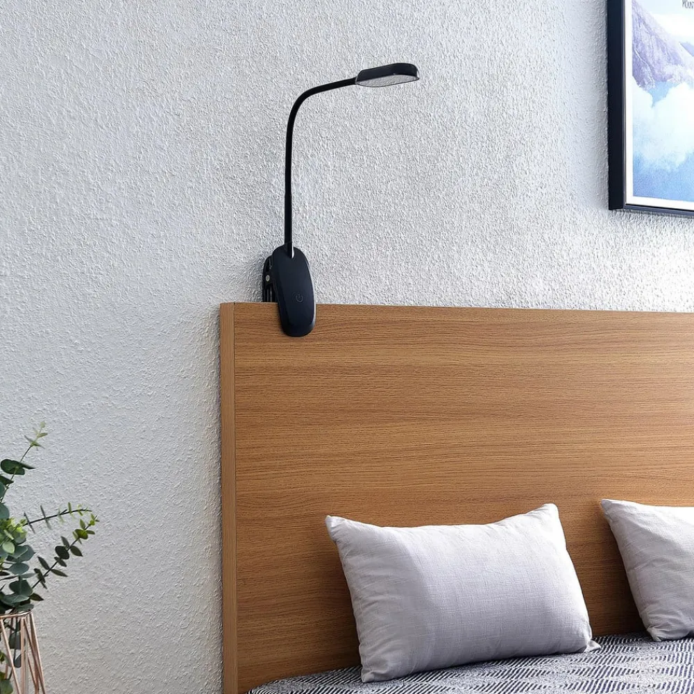 Arbejdsrum/Kontor|Bordlamper ^ PRIOS LED-klemmelampe Najari, sort, genopladeligt batteri, USB, 51 cm