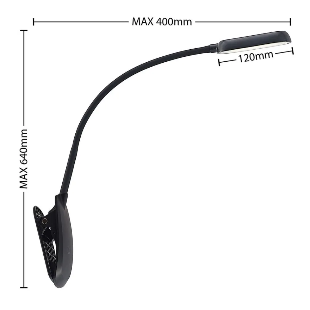 Arbejdsrum/Kontor|Bordlamper ^ PRIOS LED-klemmelampe Najari, sort, genopladeligt batteri, USB, 51 cm