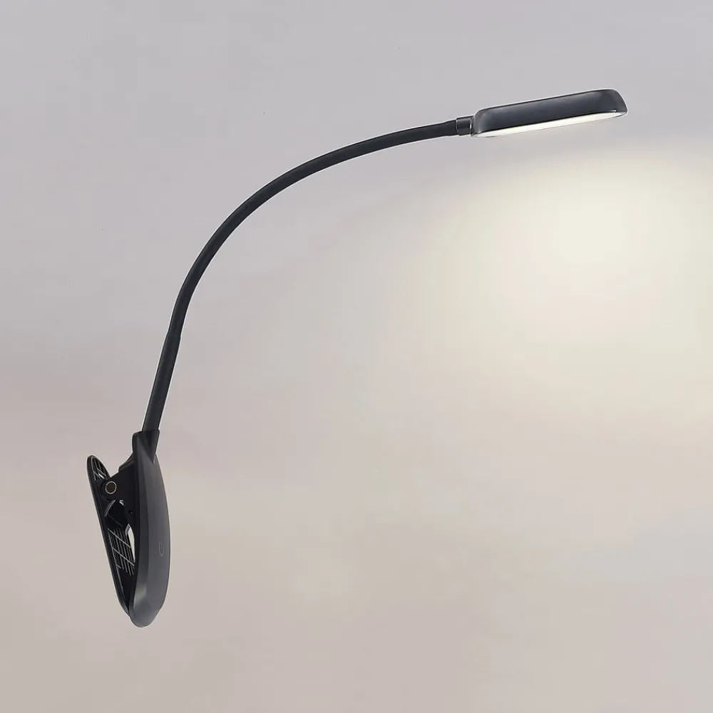 Arbejdsrum/Kontor|Bordlamper ^ PRIOS LED-klemmelampe Najari, sort, genopladeligt batteri, USB, 51 cm
