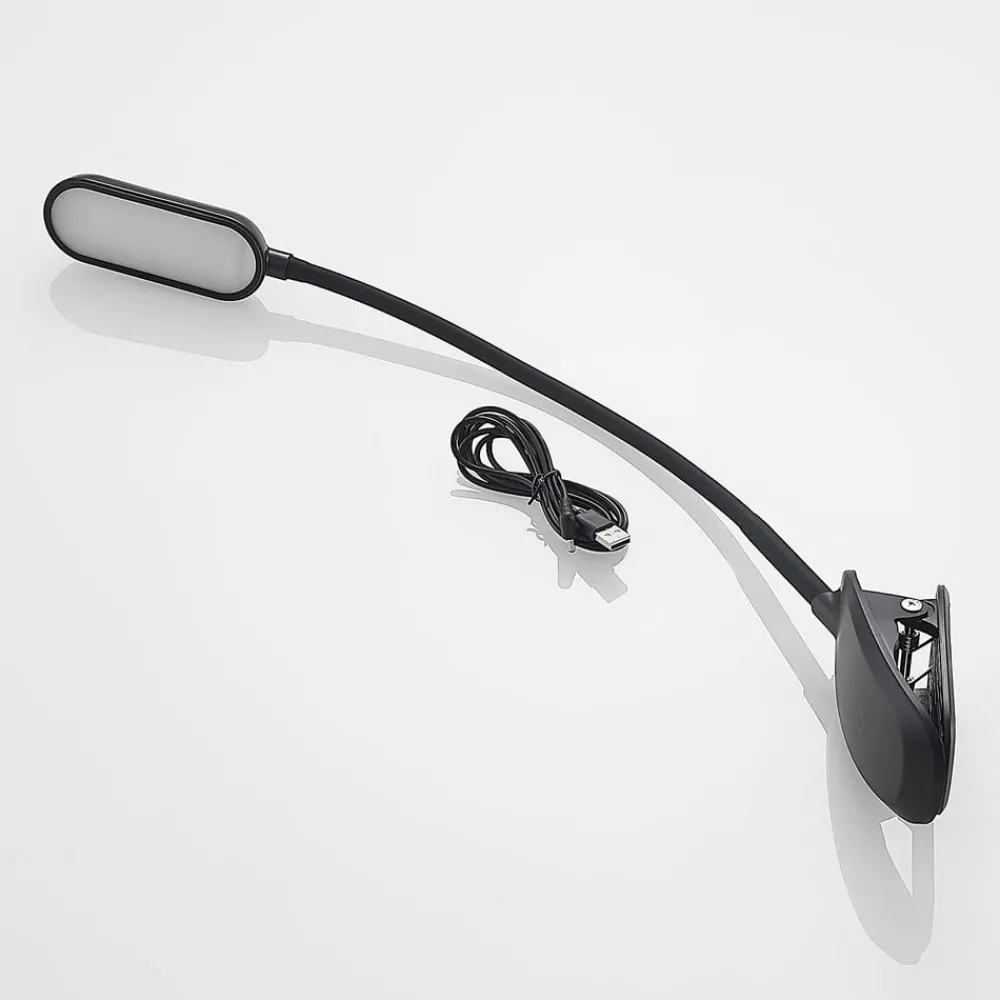 Arbejdsrum/Kontor|Bordlamper ^ PRIOS LED-klemmelampe Najari, sort, genopladeligt batteri, USB, 51 cm
