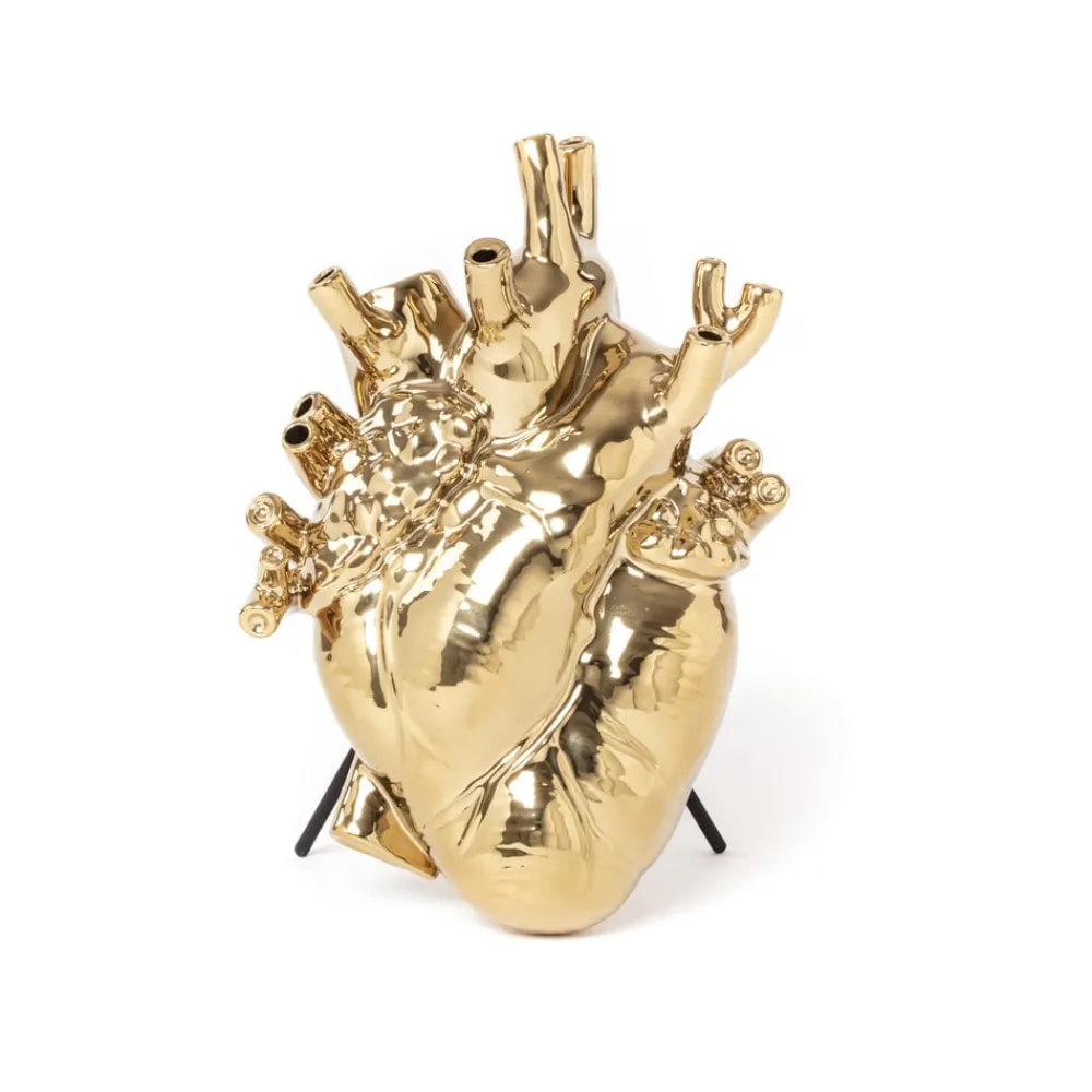 Møbel Og Interiør ^ SELETTI Love in Bloom-vase, guldfarvet, hjerteformet, porcelæn