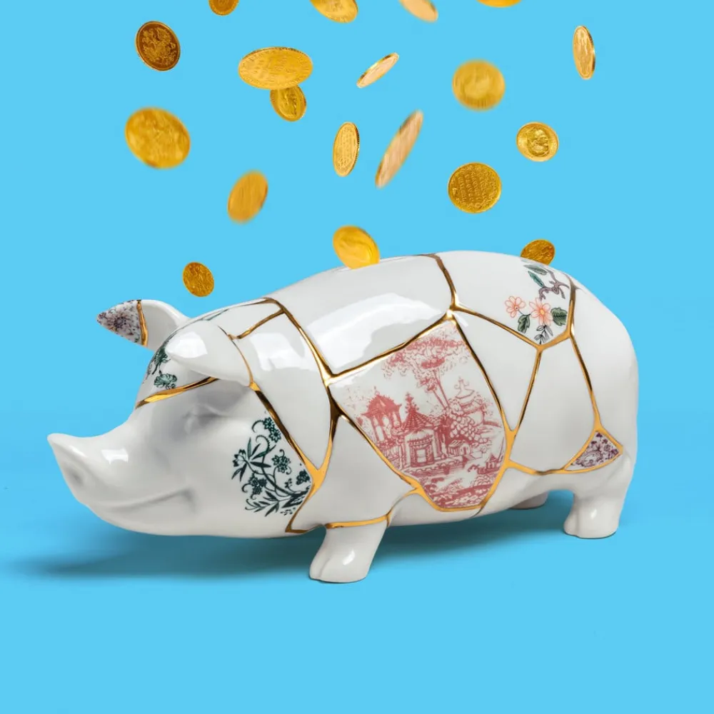 SELETTI Møbel Og Interiør > sparegris Kintsugi, hvid / farverig, porcelæn, guld