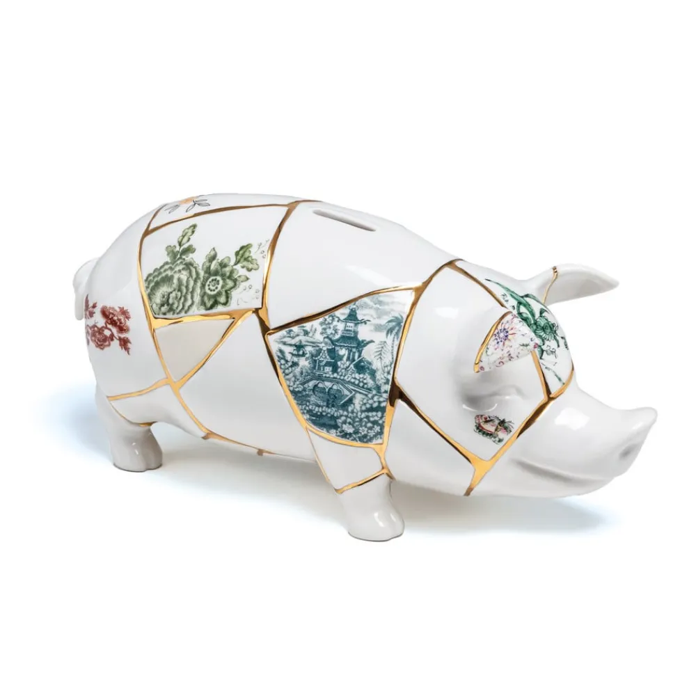 SELETTI Møbel Og Interiør > sparegris Kintsugi, hvid / farverig, porcelæn, guld