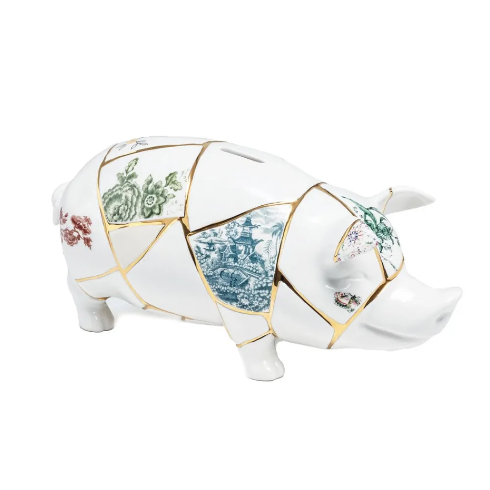 SELETTI Møbel Og Interiør > sparegris Kintsugi, hvid / farverig, porcelæn, guld