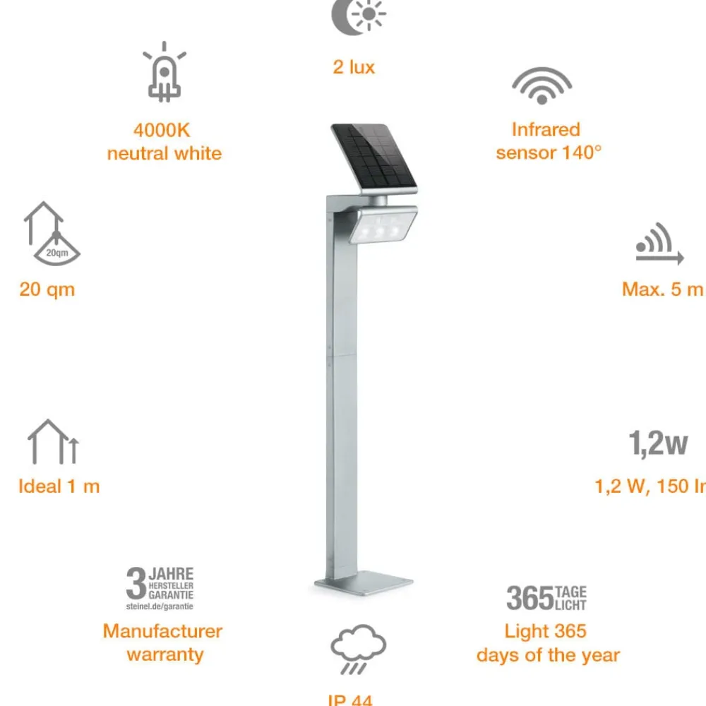 STEINEL Solcelle Lampe Med Sensor|Sokkellamper Med Sensor > XSolar Stand LED-solcellelampe, sølv