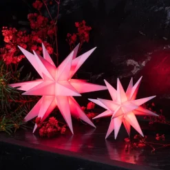 Dekorationsbelysning|Julepynt ^ STERNTALER LED-stjerne, lyserød, Ø 8 cm, 18 takker, IP44 batteri