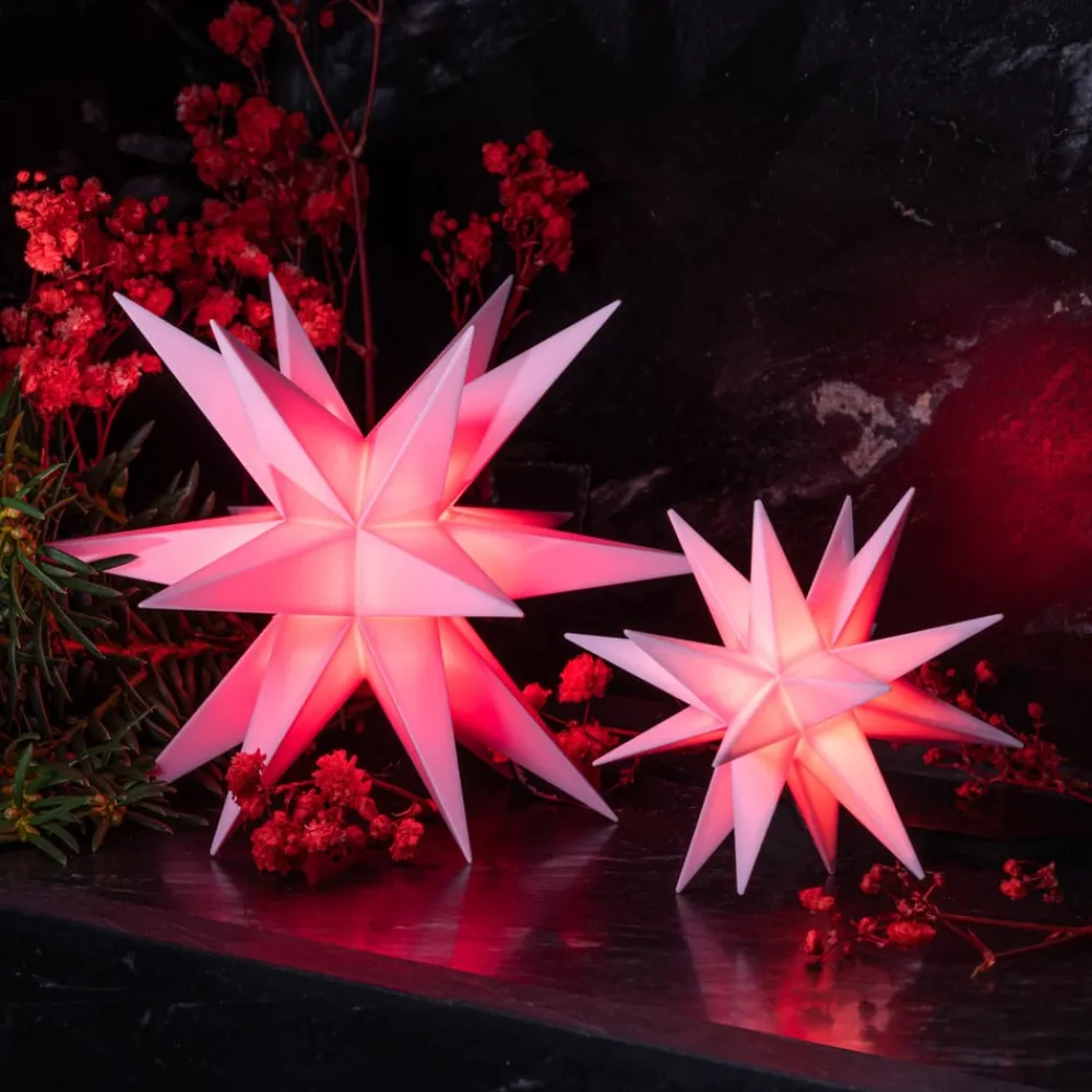 Dekorationsbelysning|Julepynt ^ STERNTALER LED-stjerne, lyserød, Ø 8 cm, 18 takker, IP44 batteri
