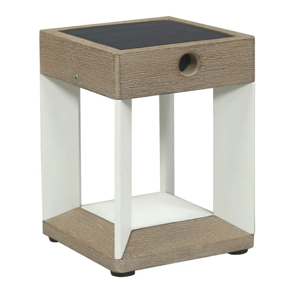 Les Jardins Solcellelamper > Teckalu LED-bordlampe med solcelle, hvid/lyst træ