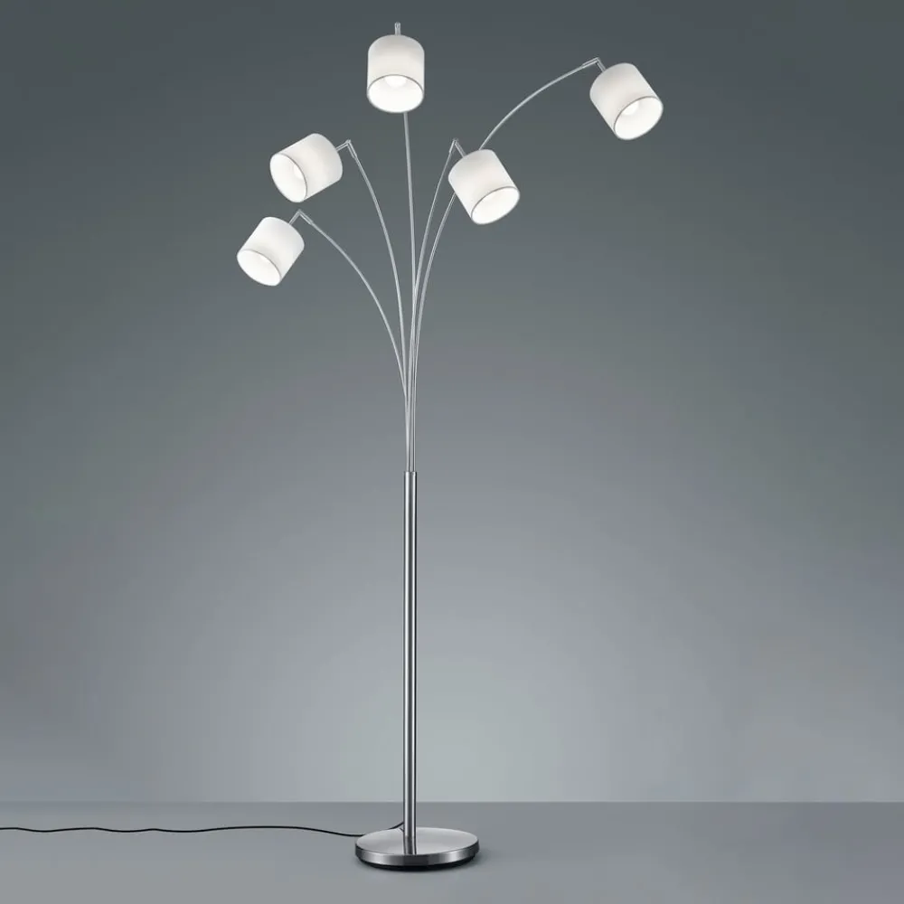 Gulvlamper|Gulvlamper ^ Reality Leuchten Tommy gulvlampe, nikkel/hvid, højde 200 cm, 5-lys, stof