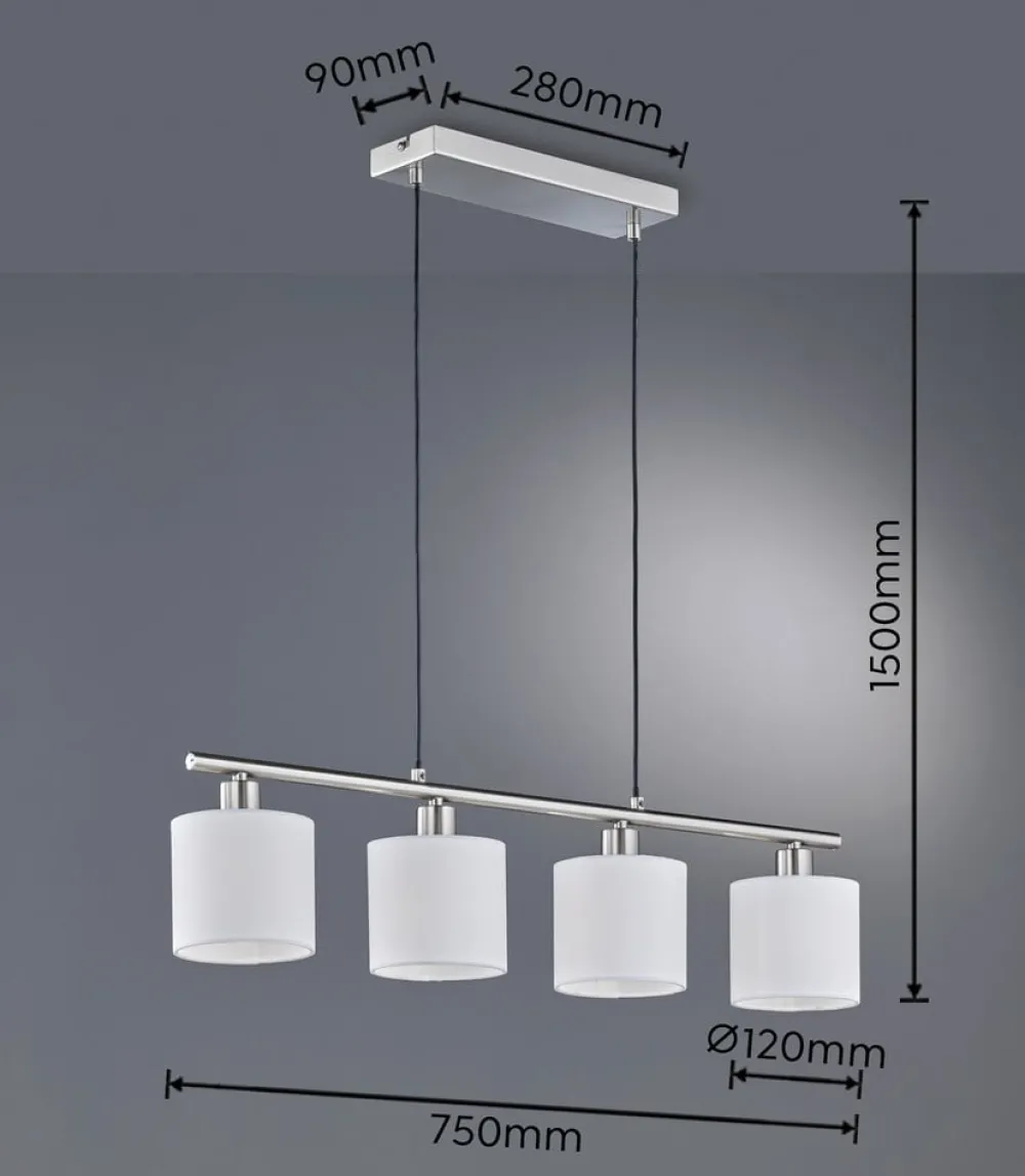 Pendellamper ^ Reality Leuchten Tommy hængelampe, nikkel/hvid, længde 75 cm, 4-lys, stof